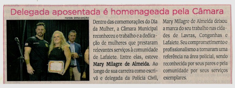 Delegada aposentada é homenageada pela Câmara Jornal Correio da Cidade