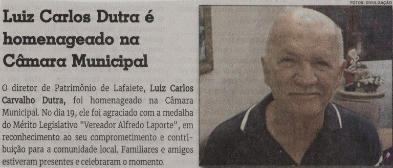 Luiz Carlos Dutra é homenageado na Câmara Municipal Jornal Correio da