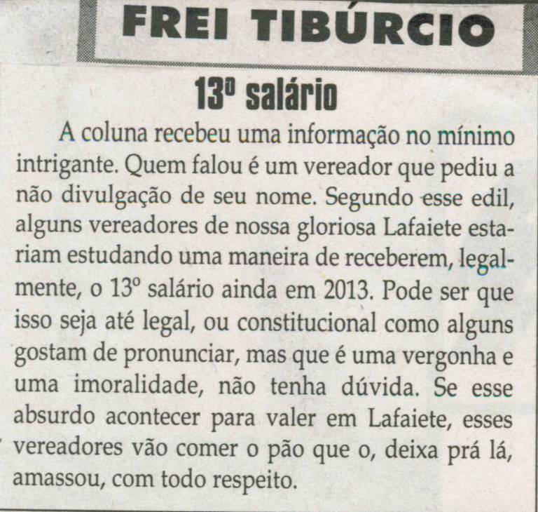  13º Salário. Jornal Correio da Cidade, Conselheiro Lafaiete, 23 nov. 2013, Frei Tibúrcio, p. 8.