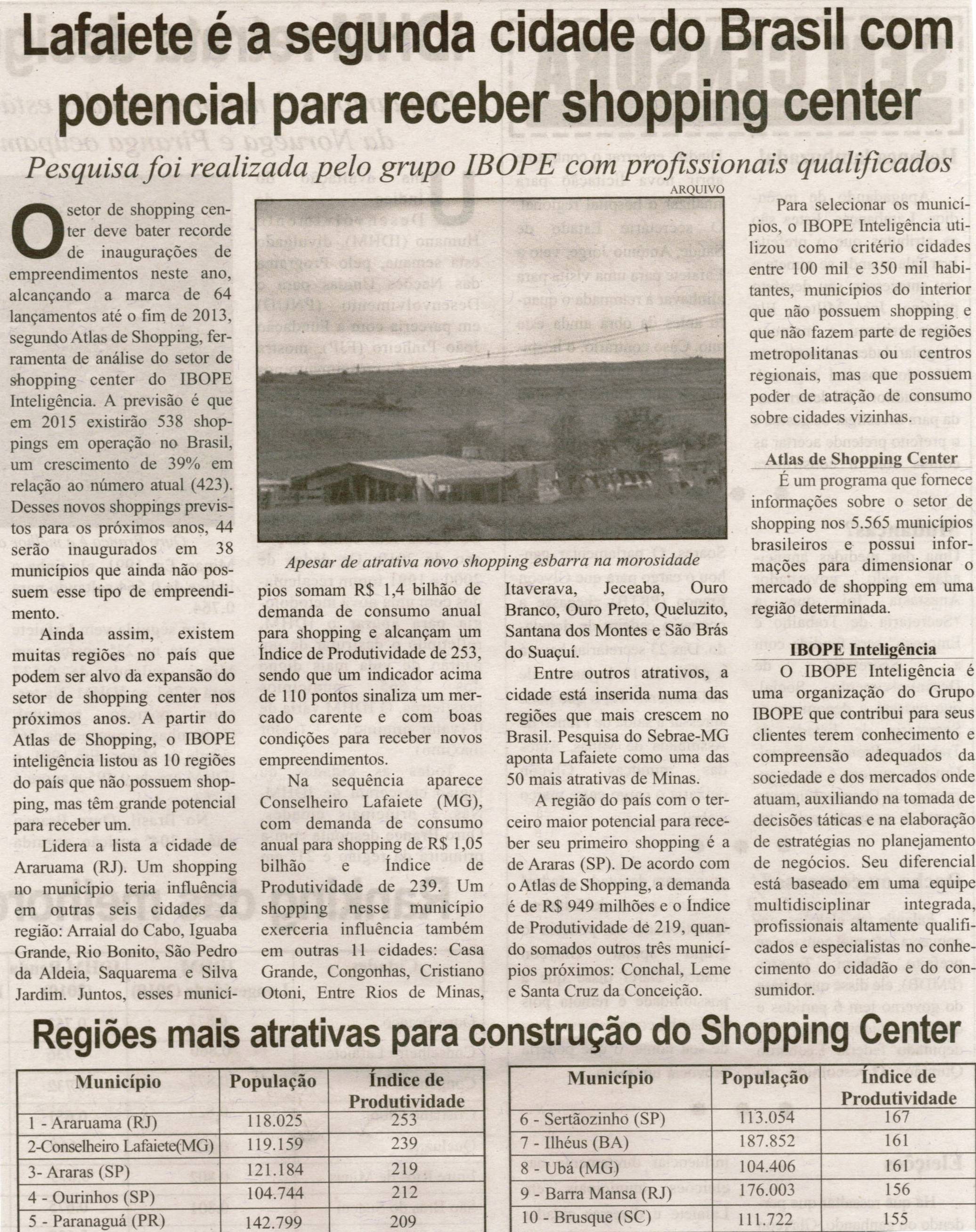 Lafaiete é segunda cidade do Brasil com potencial para receber shopping center: pesquisa foi realizada pelo Grupo IBOPE com profissionais qualificados. Correio de Minas, Conselheiro Lafaiete, 03 ago. 2013, p. 04.