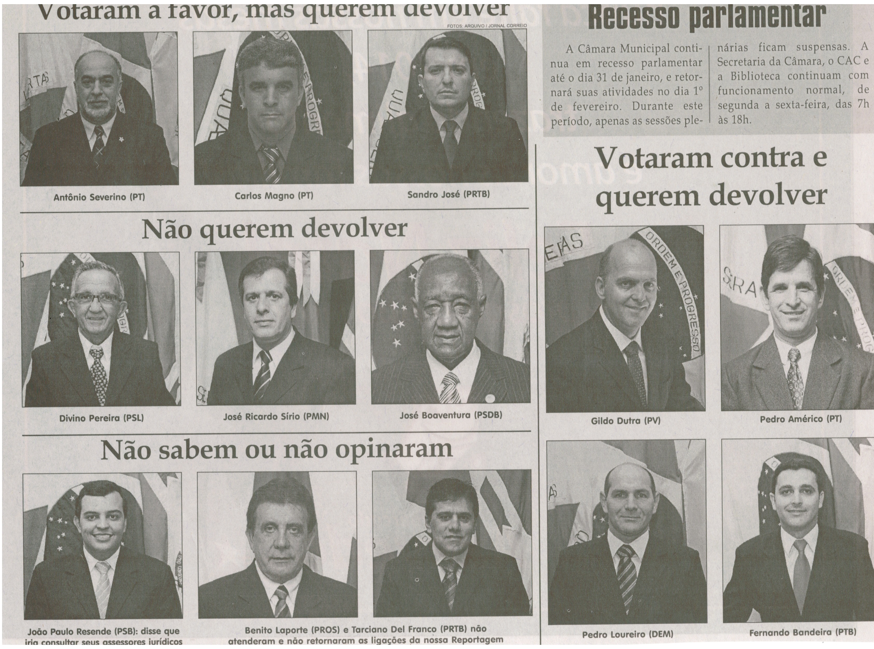 7 vereadores querem devolver 13 º salário. Jornal Correio da Cidade, Conselheiro Lafaiete, 28 dez. 2013, Parte II, p. 6.