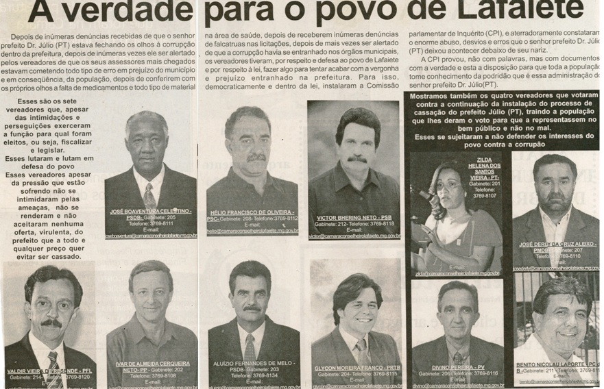 A verdade para o ppovo de Lafaiete. Jornal Nova Gazeta, Conselheiro Lafaiete, 22 dez. 2007, 493ª ed., p. 02. 