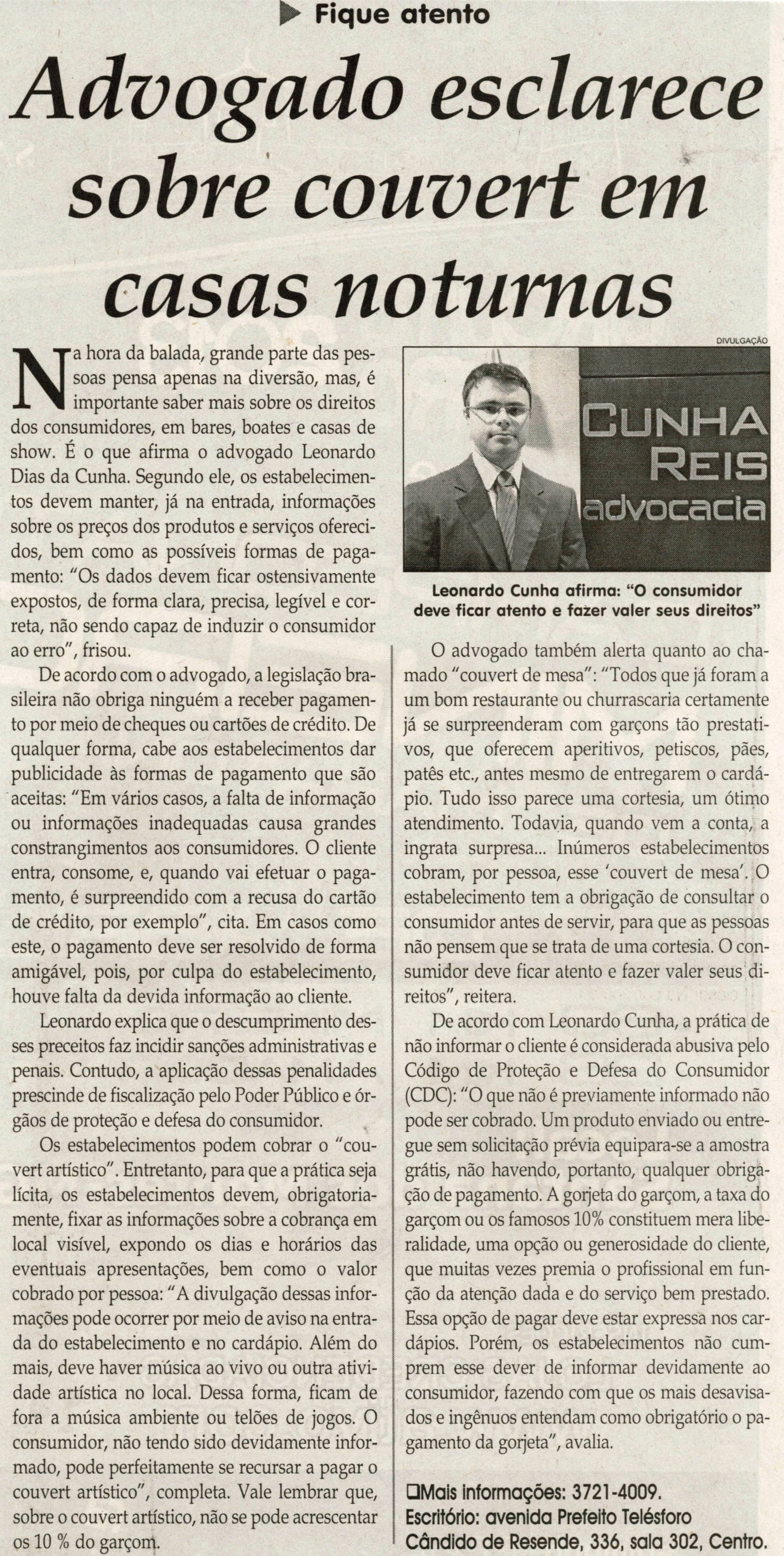 Advogado esclarece sobre couvert em casas noturnas. Jornal Correio da Cidade, Conselheiro Lafaiete, 09 mar. 2013 a 15 mar. 2013, p. B4.