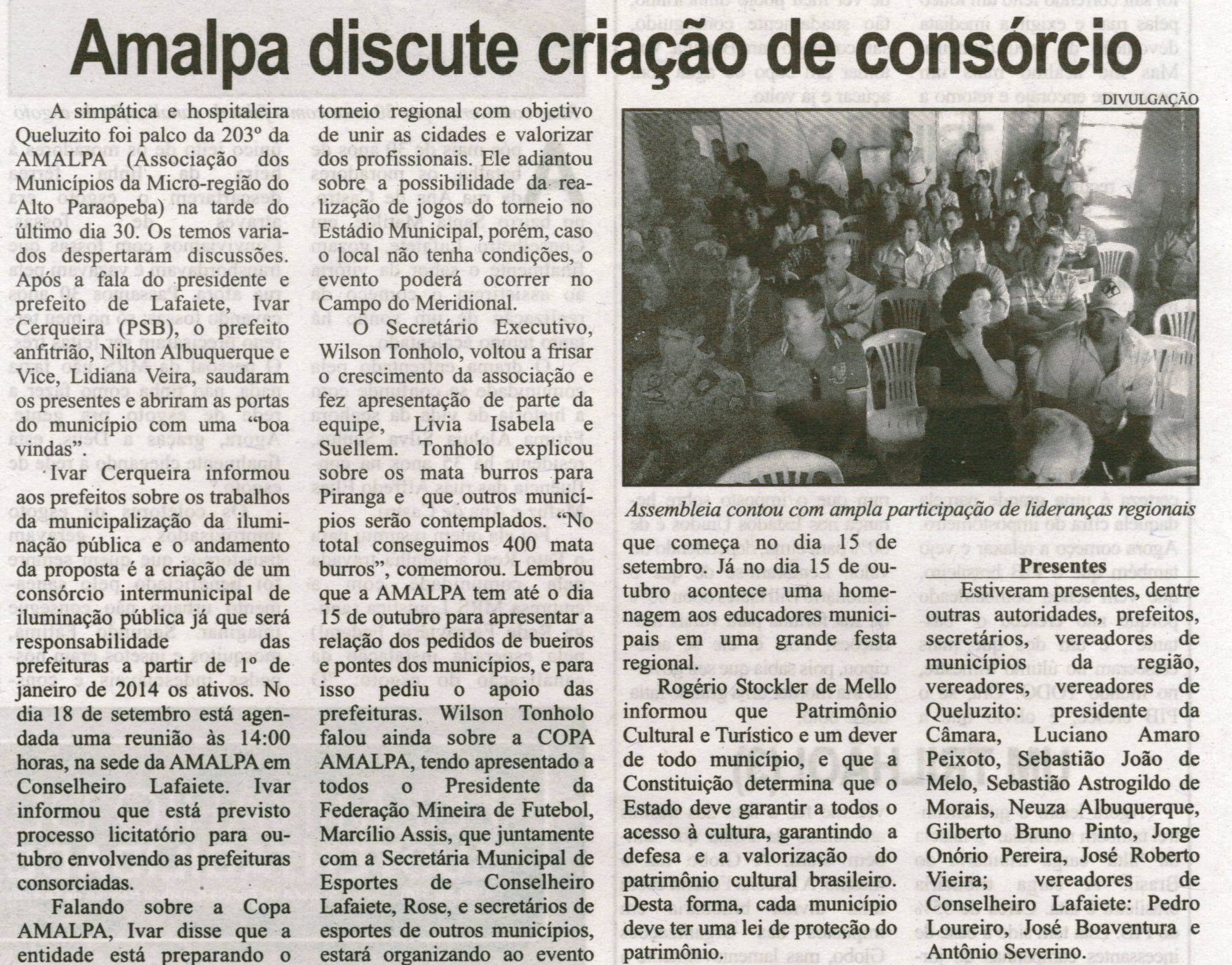 Amalpa discute criação de consórcio. Correio de Minas, Conselheiro Lafaiete, 07 set. 2013, p. 03.
