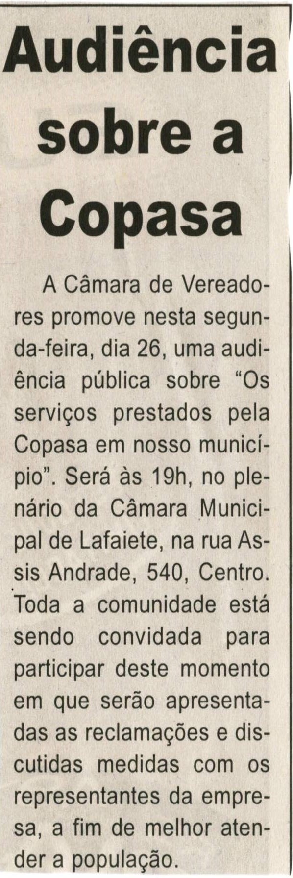 Audiência sobre a Copasa, Jornal Correio da Cidade, Conselheiro Lafaiete, 24 mai. 2008, p. 02.