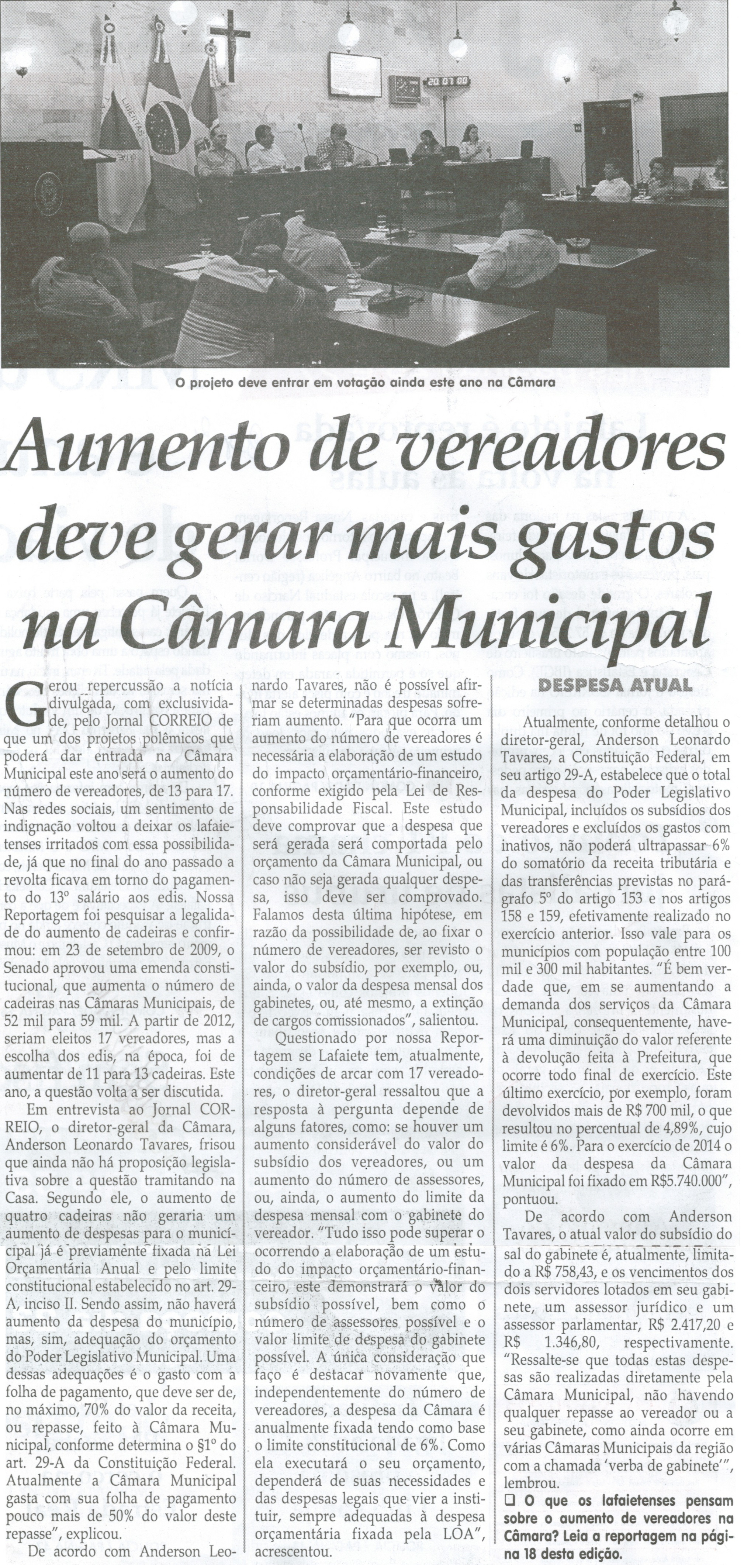 Aumento de vereadores deve gerar mais gastos na Câmara Municipal. Jornal Correio da Cidade, Conselheiro Lafaiete, 08 fev. 2014, p. 2.