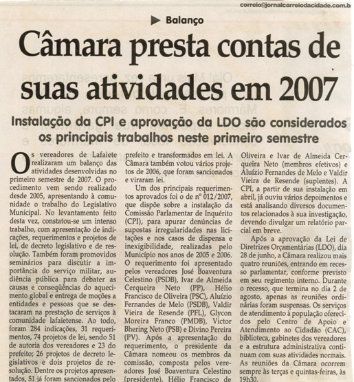 Balanço Câmara presta contas de suas atividades em 2007. Jornal Correio da Cidade, Conselheiro Lafaiete, 28 jul. 2007, 865ª ed., p. 04.