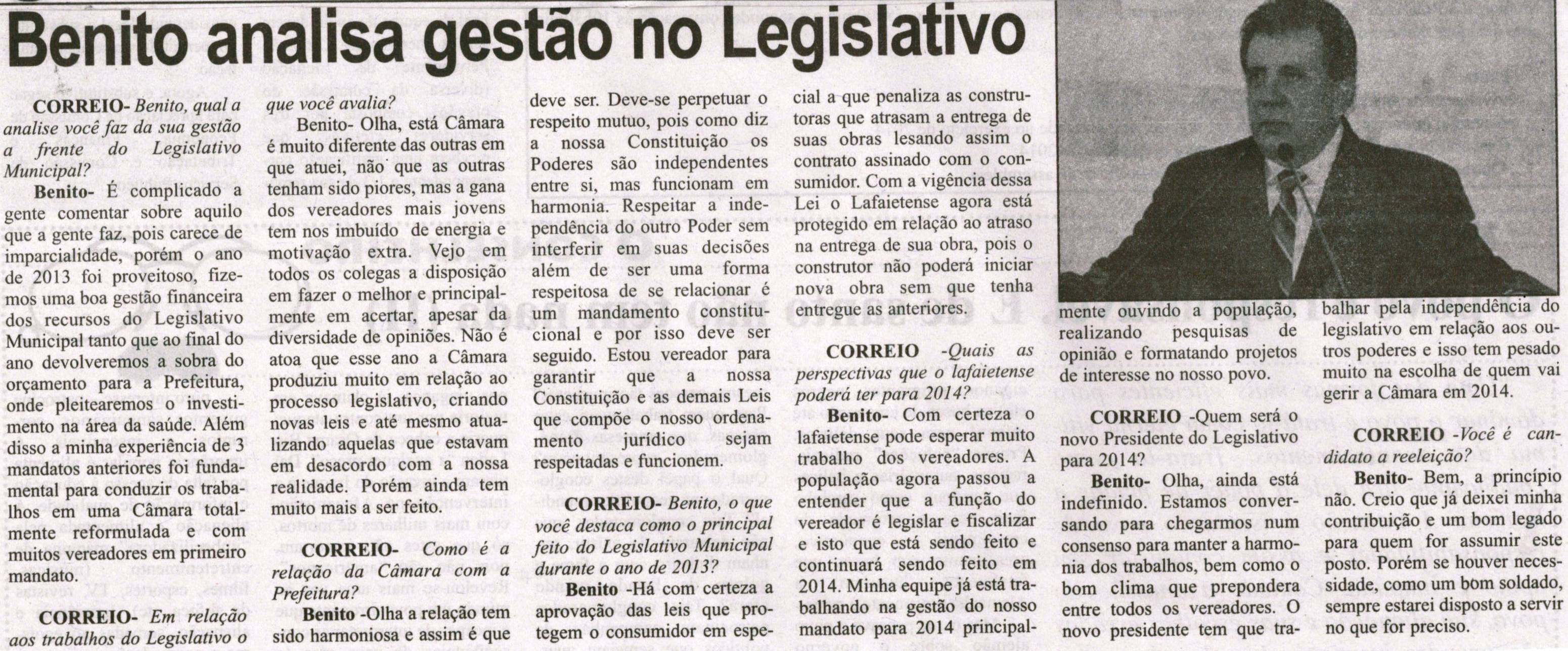 Benito analisa gestão no Legislativo. Correio de Minas, Conselheiro Lafaiete, 09 nov. 2013, p. 6.