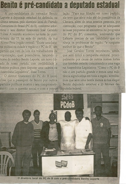 Benito é pré-candidato a deputado estadual. Jornal Correio da Cidade, Conselheiro Lafaiete, 18 mar. 2006, 795ª ed., p. 03.