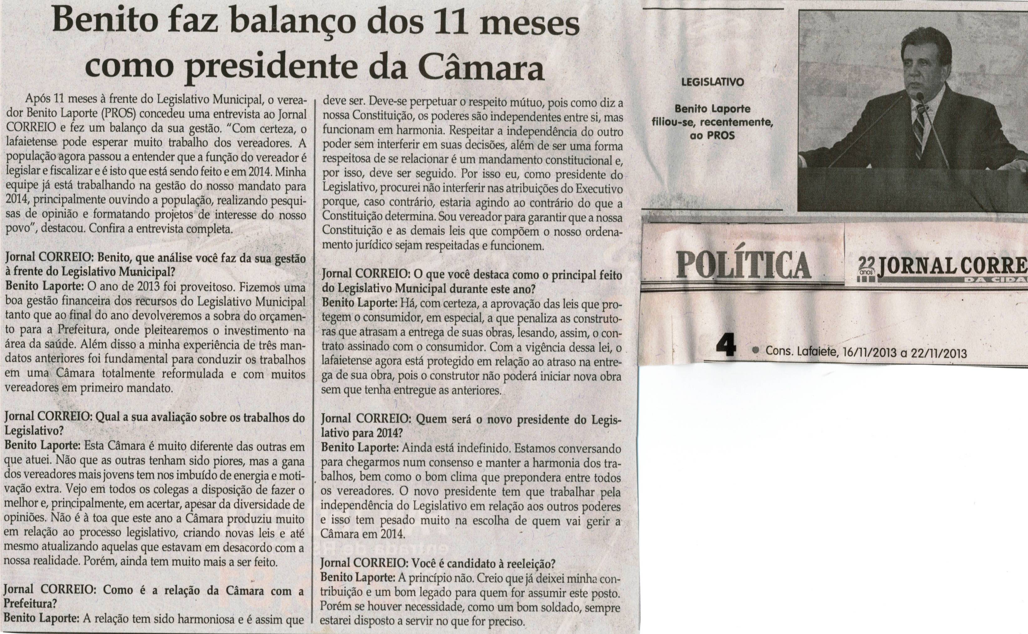 Benito faz balanço dos 11 meses como presidente da Câmara. Jornal Correio da Cidade, Conselheiro Lafaiete, 16 nov. 2013, p. 4.