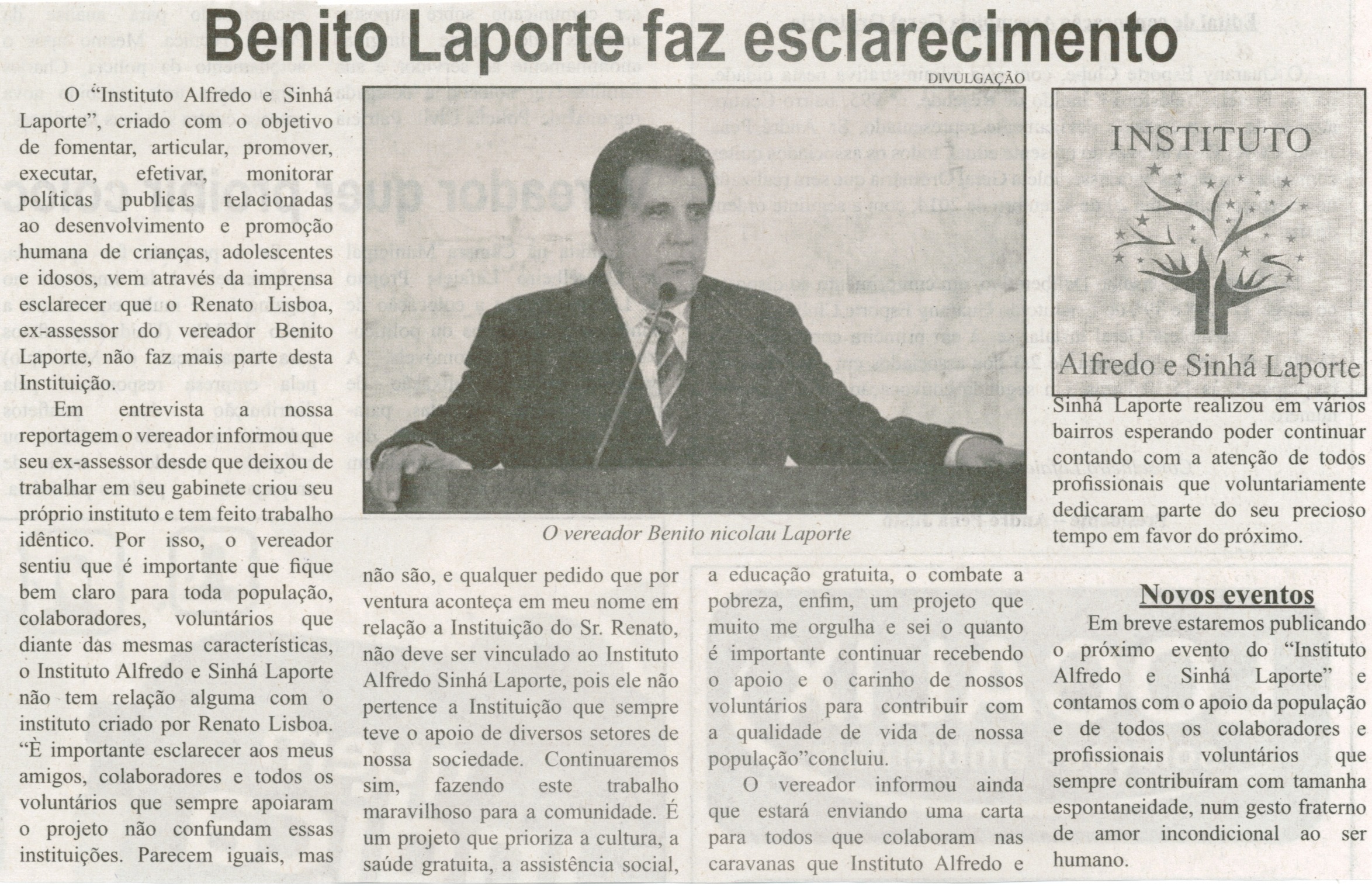 Benito Laporte faz esclarecimentos. Correio de Minas, Conselheiro Lafaiete, 06 set. 2014, p. 4.