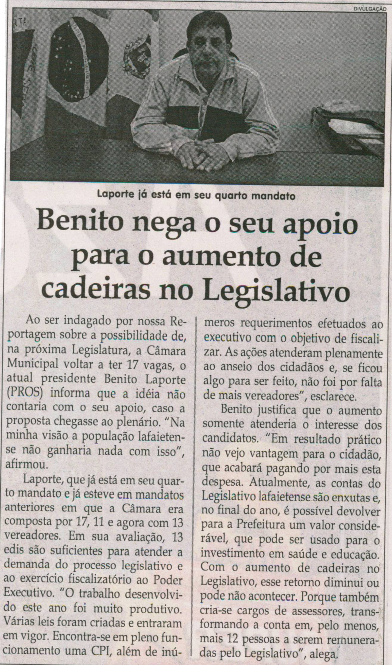 Benito nega o seu apoio para o aumento de cadeiras no Legislativo. Jornal Correio da Cidade, Conselheiro Lafaiete, 23 nov. 2013, p. 6.