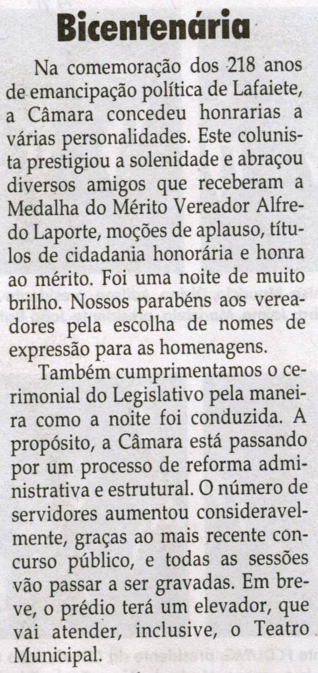 Bicentenária. Jornal Correio da Cidade, Conselheiro Lafaiete, 27 set. 2008, p. 48.