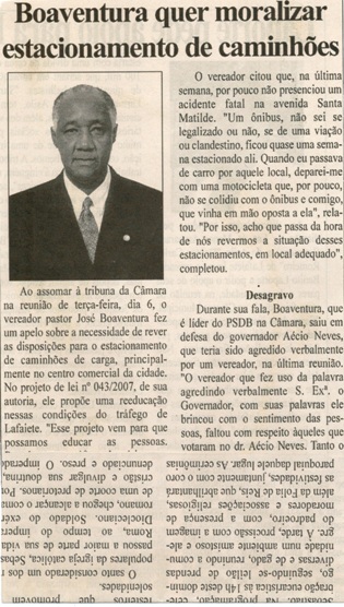  Boaventura quer moralizar estacionamento de caminhões. Folha Livre, Conselheiro Lafaiete, 10 mar. 2007, 312ª ed., p.11.