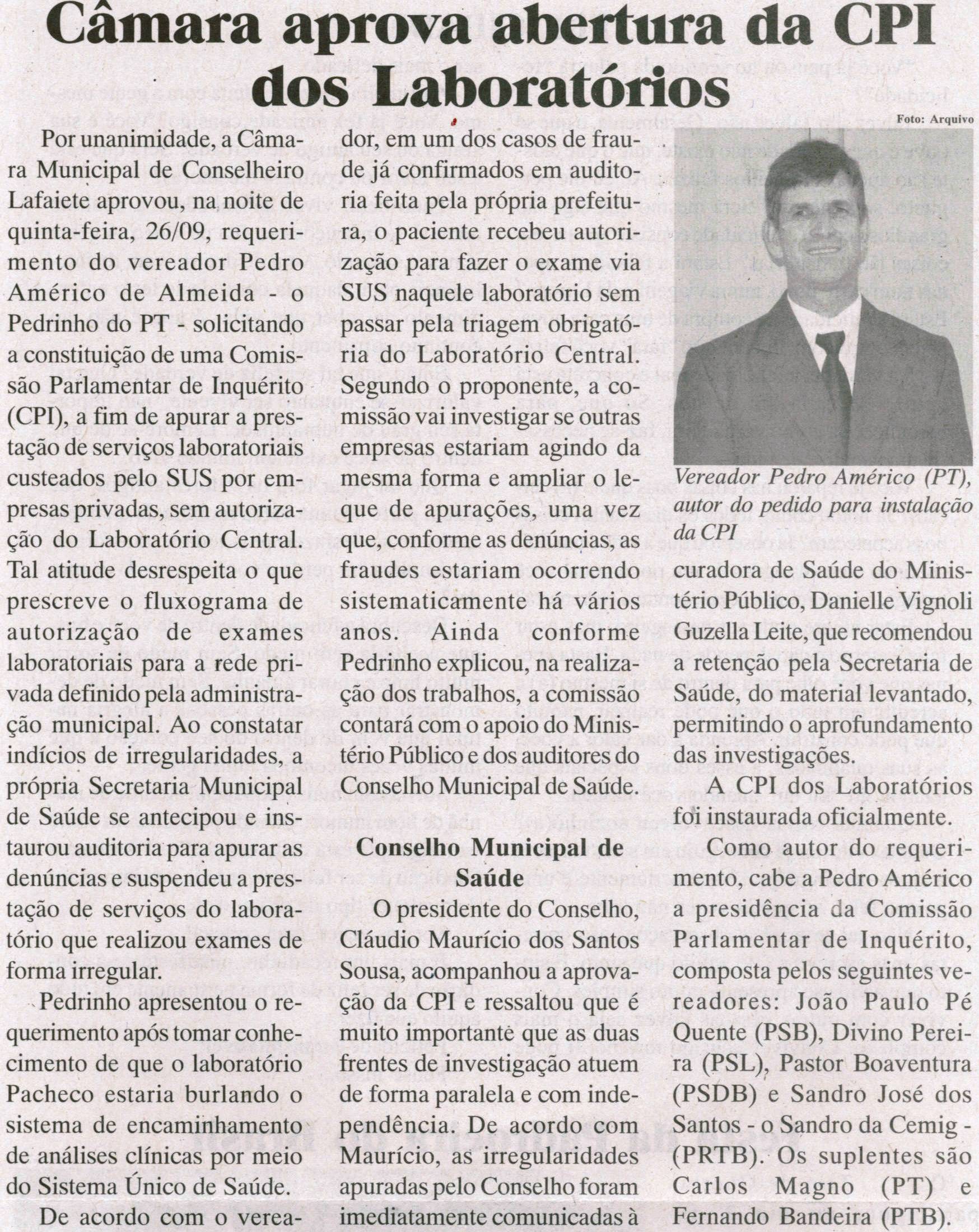Câmara aprova abertura da CPI dos Laboratórios. Jornal Baruc, Congonhas, 1ª quinzena de out. 2013, p. 07.
