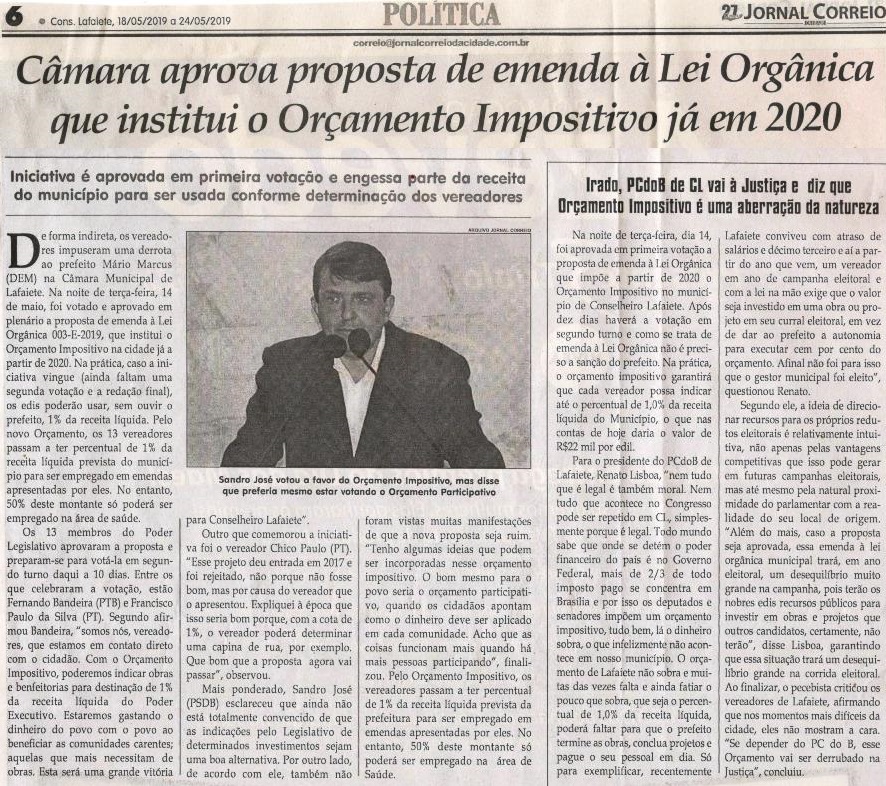 Câmara aprova proposta de emenda à Lei Orgânica que institui o Orçamento Impositivo já em 2020. Jornal Correio da Cidade, 18 mai. 2019 a 24 mai. 2019. 1474ª ed., Caderno Política, p. 6.