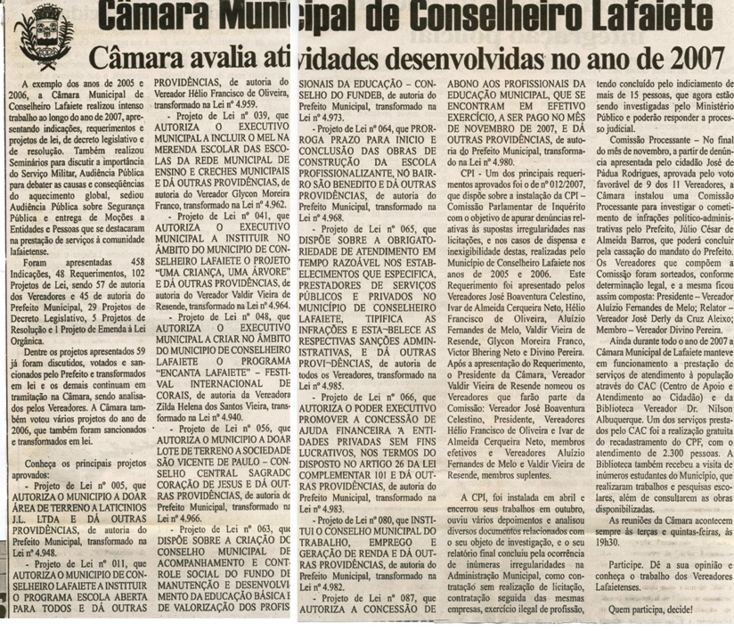 Câmara avalia atividades desenvolvidas no ano de 2007. Folha Livre, Conselheiro Lafaiete, 22 dez. 2007, 351ª ed., p. 14.