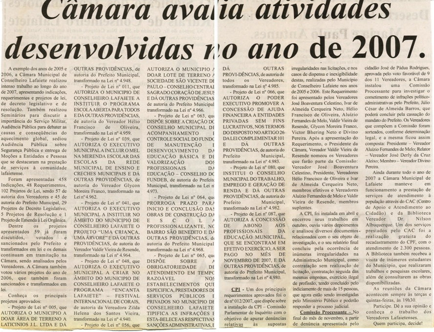 Câmara avalia atividades desenvolvidas no ano de 2007. Jornal Nova Gazeta, Conselheiro Lafaiete, 22 dez. 2007, 493ª ed., p. 23.