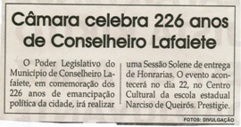 Câmara celebra 226 anos de Conselheiro Lafaiete. Jornal Correio da Cidade, Conselheiro Lafaiete, 17 a 23 set. 2016, 1335ª ed, p. 2.