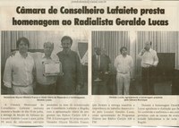 Câmara de Conselheiro Lafaiete aprova presta homenagem ao Radialista Geraldo Lucas. Folha Livre, Conselheiro Lafaiete, 14 jun. 2007, 330ª ed., p. 02.