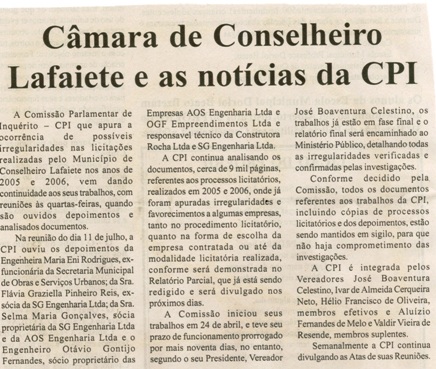  Câmara de Conselheiro Lafaiete e as notícias da CPI. Folha Livre, Conselheiro Lafaiete, 14 jun, 2007, 330ª ed., p.02.
