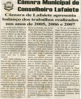 Câmara de Lafaiete apresenta balanço dops trabalhos realizados nos anos de 2005, 2006 e 2007. Folha Livre, Conselheiro Lafaiete, 13 out. 2007, 342ª ed., p. 15.