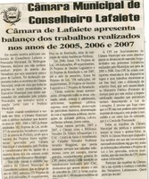 Câmara de Lafaiete apresenta balanço dos trabalhos realizados nos anos de 2005, 2006 e 2007. Folha Livre, Conselheiro Lafaiete, 13 out. de 2007, 342ª ed., p. 15