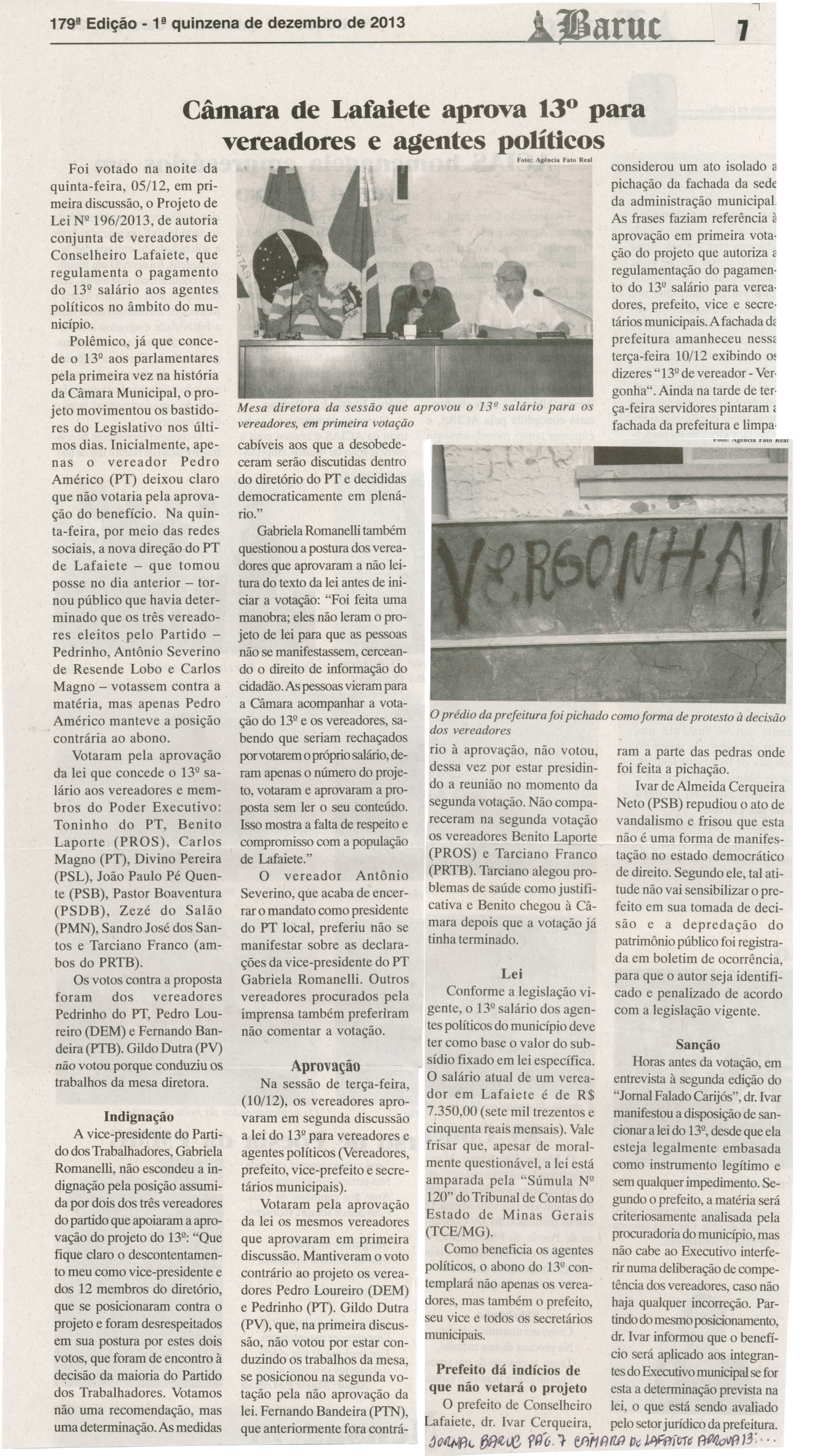 Câmara de Lafaiete aprova 13º para vereadores e agentes políticos. Jornal Baruc, Congonhas, 17 dez. 2013, p. 7.