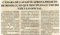 Câmara de Lafaiete aprova projeto de resolução que disciplina o uso do veículo oficial. Jornal Nova Gazeta, Conselheiro Lafaiete, 29 mar. 2008, 507ª ed., p. 05.