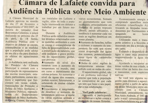 Câmara de Lafaiete convida para Audiência Pública sobre Meio Ambiente. Correio de Minas, Conselheiro Lafaiete, 14 abr. 2007, 157ª ed., p. 02.