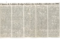 Câmara de Lafaiete divulga balanço dos trabalhos realizados em 2006. Correio de Minas, Conselheiro Lafaiete, 03 fev. 2007, 152ª ed., p. 05