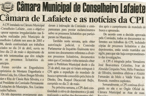 Câmara de Lafaiete e as notícias da CPI. Folha Livre,  Conselheiro Lafaiete, 20 mai. 2007, 323ª ed., p. 15.