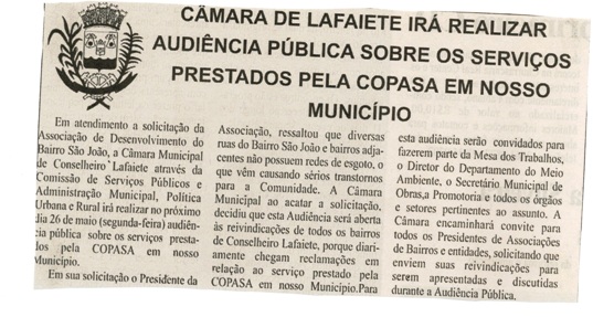 Câmara de Lafaiete irá realizar Audiência Pública sobre os serviços da COPASA. Folha Livre, Conselheiro Lafaiete, 10 maio de 2008, 369ª ed. p. 03