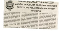 Câmara de Lafaiete irá realizar Audiência Pública sobre os serviços da COPASA. Folha Livre, Conselheiro Lafaiete, 10 maio de 2008, 369ª ed. p. 03