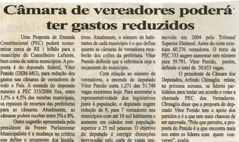 Câmara de vereadores poderá ter gastos reduzidos. Folha Livre, Conselheiro Lafaiete, 16 nov. 2007, 346ª ed., p. 17.