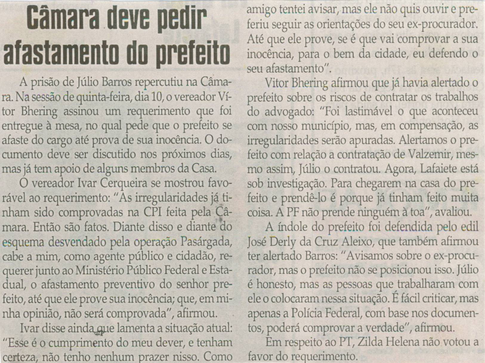 Câmara deve pedir afastamento do prefeito. Jornal Correio da Cidade, Conselheiro Lafaiete, 12 abr. 2008, p. 02.