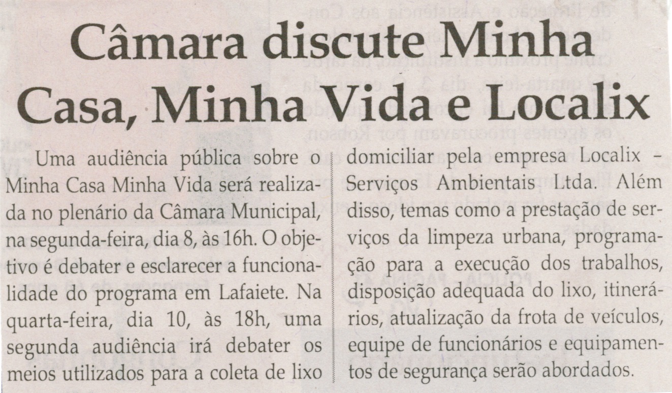 Câmara discute Minha Casa, Minha Vida e Localix. Jornal Correio da Cidade, Conselheiro Lafaiete, 06 set. 2014, p. 2.