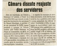 Câmara discute reajuste dos servidores. Jornal Correio da Cidade, Conselheiro Lafaiete, 24 mar. 2012, 1104ª ed, p.2.