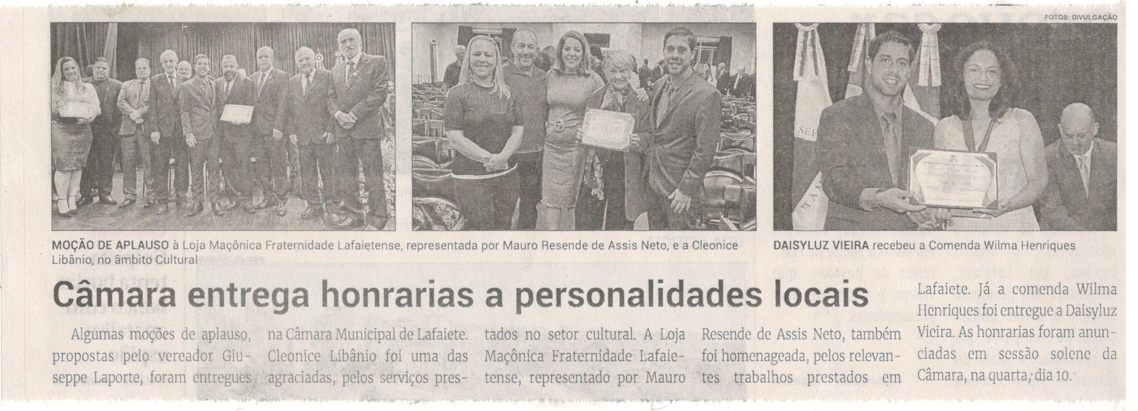 Câmara entrega honrarias a personalidades locais. Jornal Correio da Cidade, Conselheiro Lafaiete, 27 de jul. a 02 de ago. 2024, 1741ª ed., Política, p. 2.