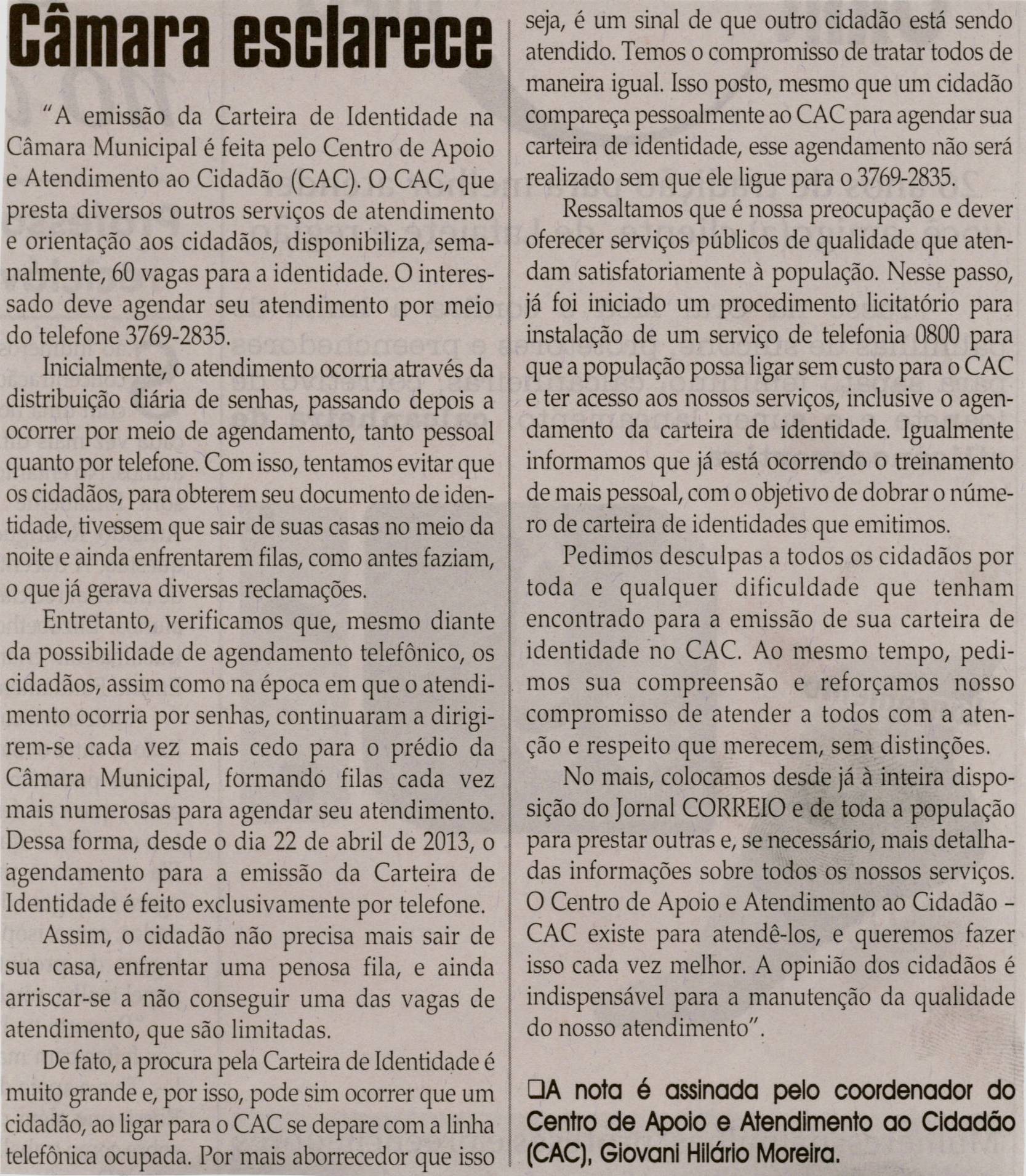 Câmara Esclarece. Jornal Correio da Cidade, Conselheiro Lafaiete, 22 jul. 2013, p. 15.