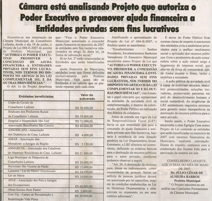 Câmara está analisando Projeto que autoriza o Poder Executivo a promover ajuda financeira a Entidades privadas sem fins lucrativos. Jornal O Dossiê, Conselheiro lafaiete, 01 jun. 2007, 160ªed., p. 13.