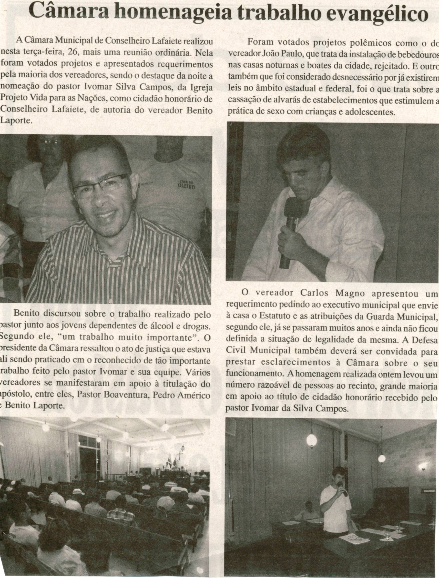 Câmara Homenageia trabalho evangélico. Jornal Nova Gazeta, Conselheiro Lafaiete, 02 mar. 2013 a 08 mar. 2013, [s.p.]