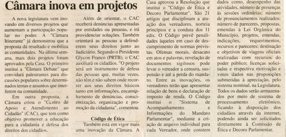  Câmara inova projetos. Jornal Correio da Cidade, Conselheiro Lafaiete, 17 mai. de 2006, 136ª, p. 03.
