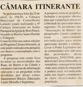  Câmara Itinerante. Jornal Correio de Minas, Conselheiro Lafaiete, 20 abr. 2006, 134ª ed., p. 05.