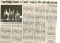  Câmara Municipal comemora os 217 anos de Emancipação Política de Conselheiro Lafaiete. Folha Livre, Conselheiro Lafaiete, 22 jul. 2007, 339ª ed., p. 02.