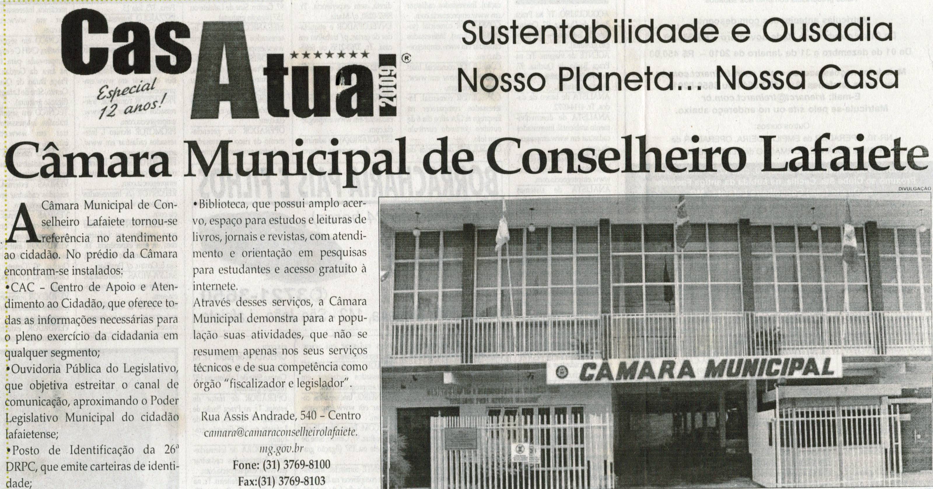 Câmara Municipal de Conselheiro Lafaiete. Jornal Correio da Cidade, Conselheiro Lafaiete,  17 out. 2009, p. 34.