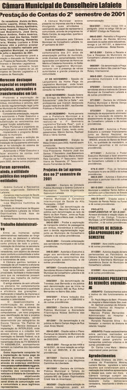 Câmara Municipal de Conselheiro Lafaiete Prestação de Contas do 2º semestre de 2001. Jornal Nova Gazetsa, 11 a 18 jan. 2002, 189ª ed, p. 14.
