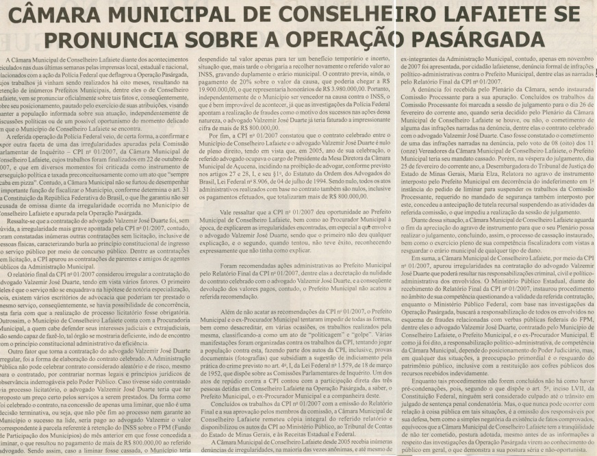 Câmara municipal de Conselheiro Lafaiete se pronuncia sobre a operação Passárgada.Jornal Nova Gazeta, 26 abr. 2008, 511ª 24 ed., p. 04