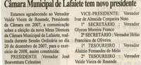 Câmara Municipal de Lafaiete tem novo presidente. Folha Livre, Conselheiro Lafaiete, 19 jan. 2008, p. 08.