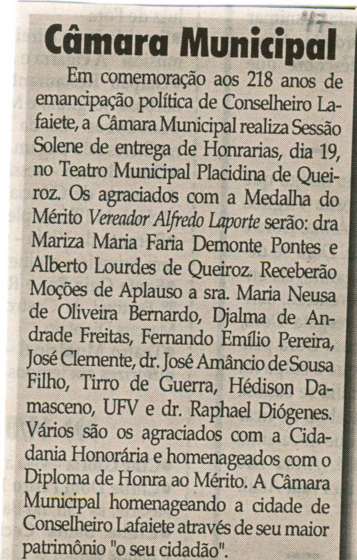 Câmara Municipal. Jornal Correio da Cidade, Conselheiro Lafaiete, 13 set. 2008, p.06